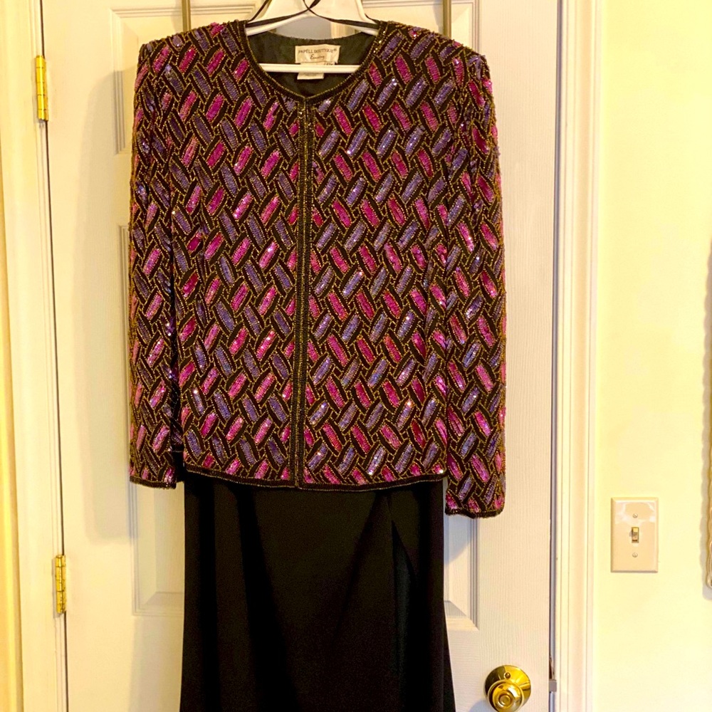 Papell Boutique long maxi skirt & beaded evening jacket.
